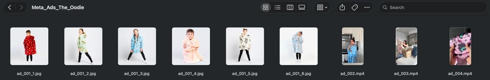 Exported media folder Meta_Ads_The_Oodie with files ad_001_1.jpg to ad_001_6.jpg and videos ad_002.mp4 to ad_004.mp4