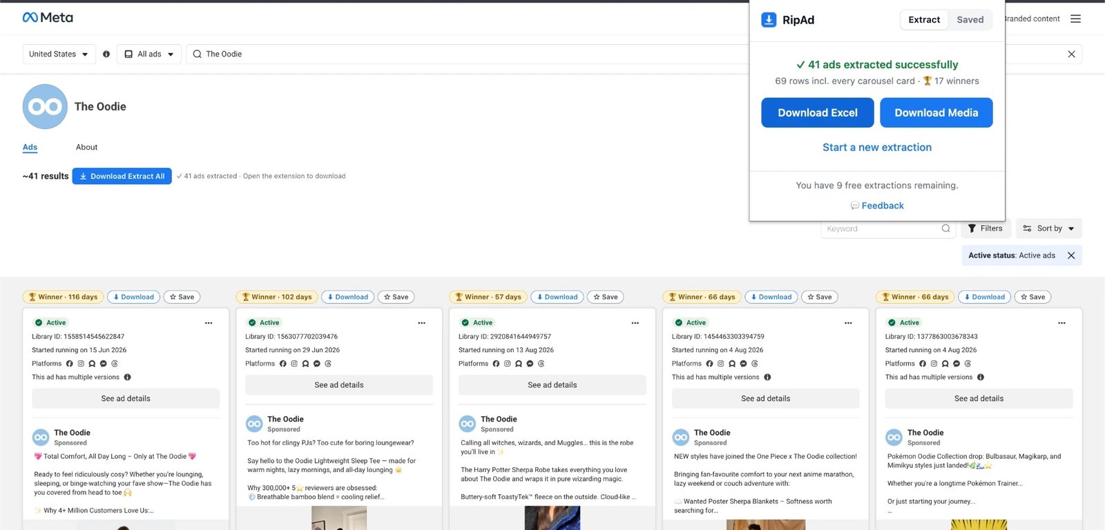RipAd popup on an Ad Library search: 41 ads extracted, 69 rows including every carousel card, 17 winners, with Download Excel and Download Media buttons