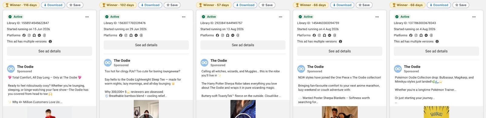 Ad Library cards with RipAd's Winner labels showing 116, 102, 57 and 66 days, plus Download and Save buttons on each ad
